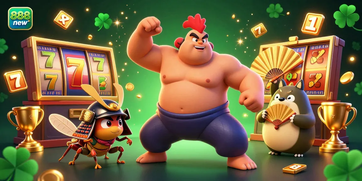 Experience thrilling slots and jackpots at 888new with lively 3D elements in this vibrant casino illustration.