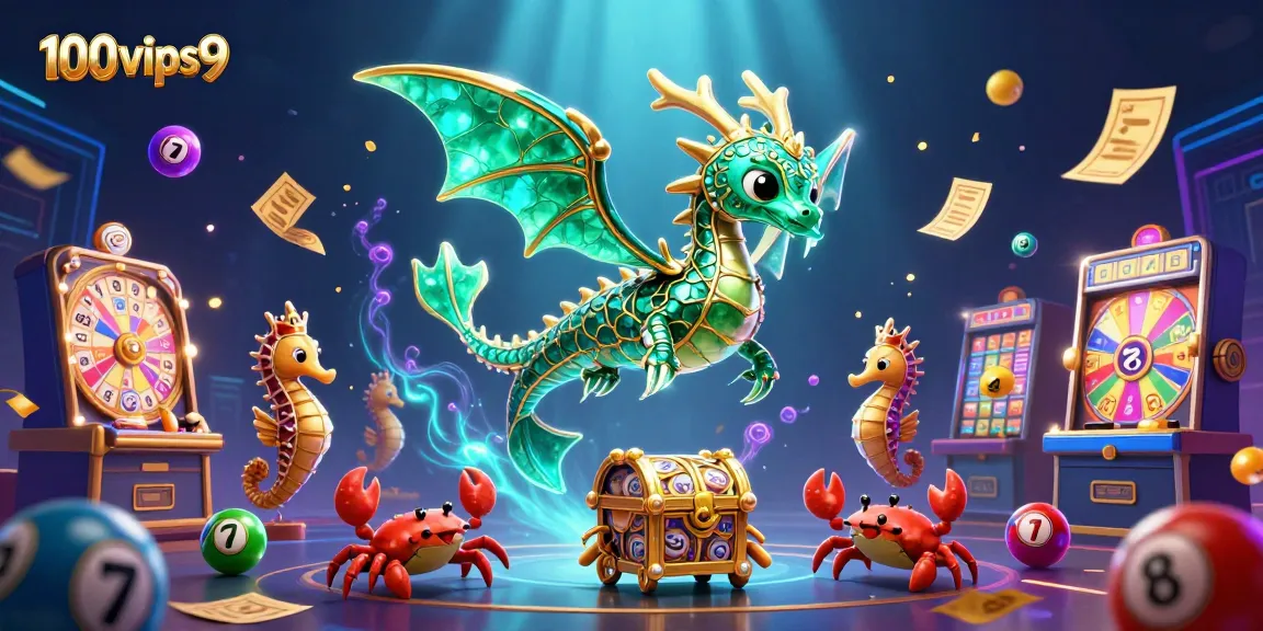 Engage with 100vips9's vibrant lottery scene featuring a sea dragon, crabs, and dynamic prize elements.