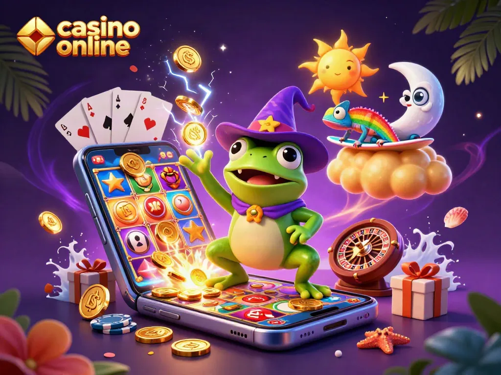 Juega en casino online mientras un sapo mágico genera monedas de oro en una escena vibrante.