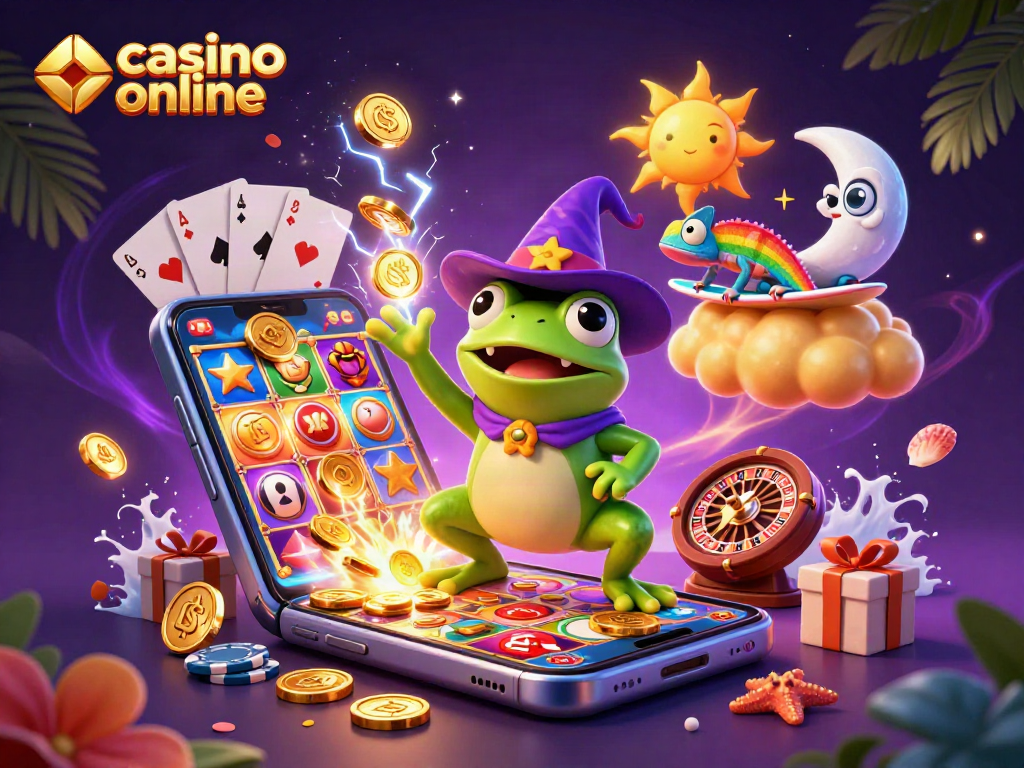 Juega en casino online mientras un sapo mágico genera monedas de oro en una escena vibrante.