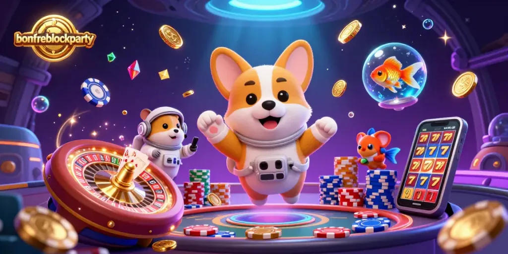 Engage with the excitement of the bonfireblockparty in a dynamic space casino scene featuring playful characters.