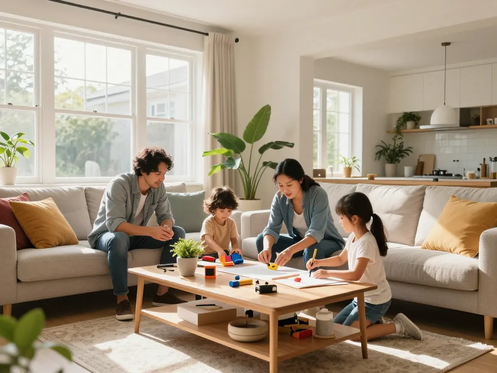 Escena de servicios hogar: familia disfrutando del confort del hogar con proyectos de bricolaje y luz natural.