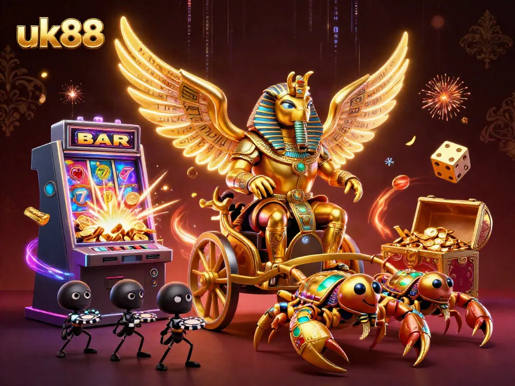 Experience dynamic casino action with uk88 featuring a colossal scarab beetle and vibrant slot machine.