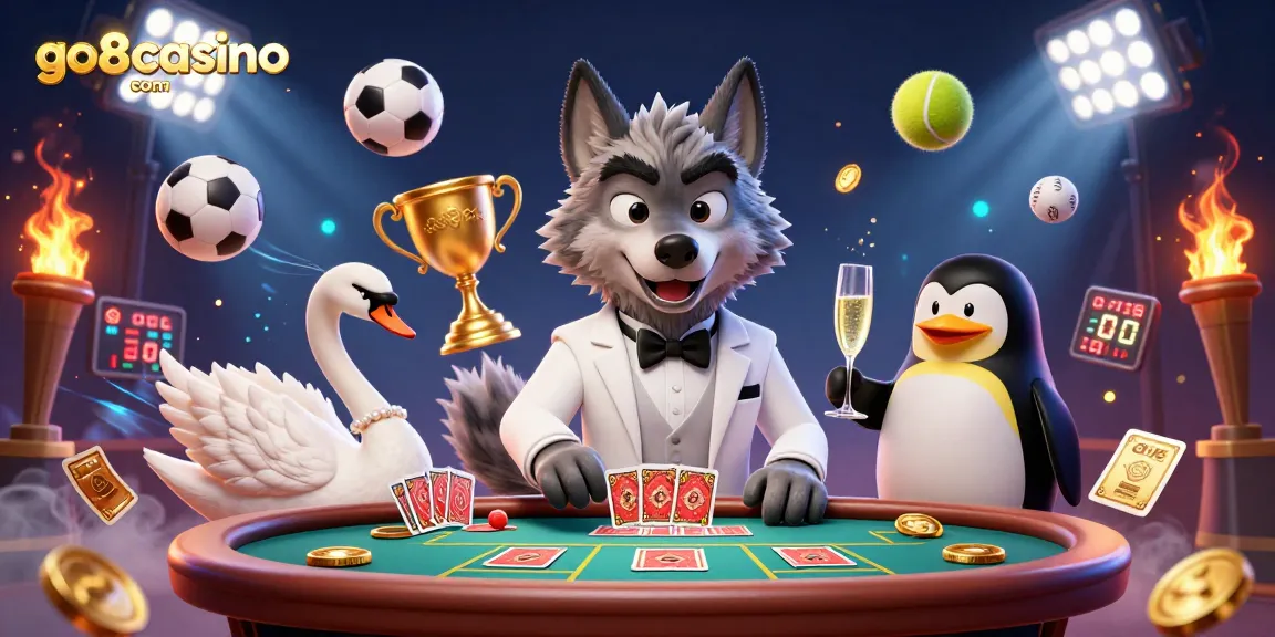 Experience the thrill of gaming at go8casino com with exciting 3D characters in a dynamic casino scene.