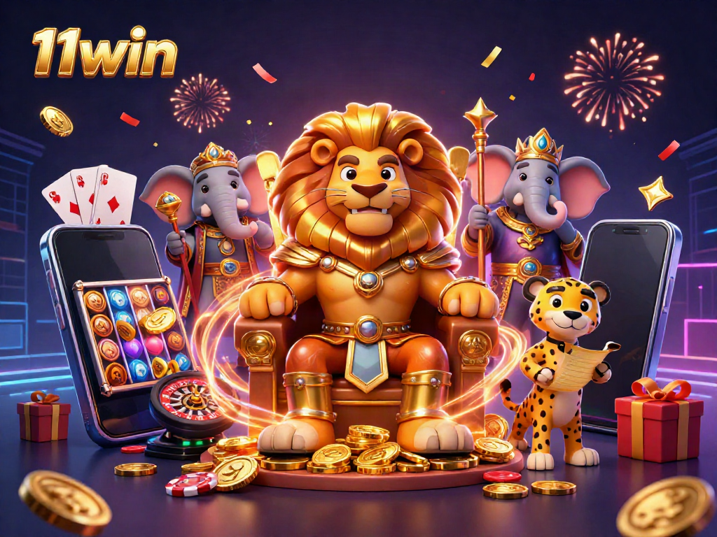 Experience the excitement of 11win with a fierce lion king, wise elephant, and speedy cheetah in a vibrant casino scene.