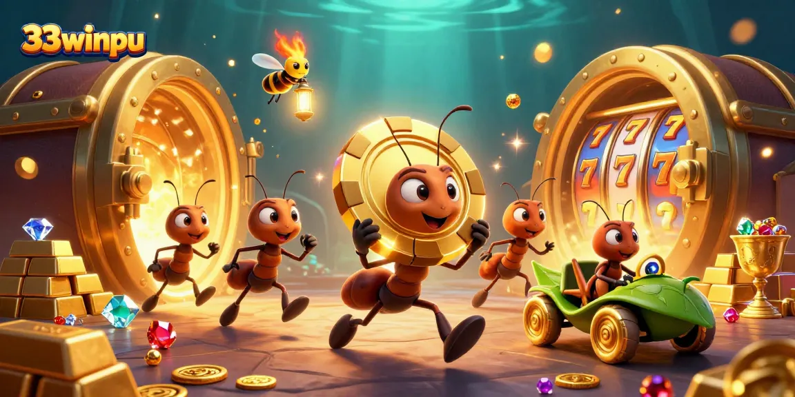 33winpu’s animated heist scene showcases ants stealing a giant poker chip amidst riches.