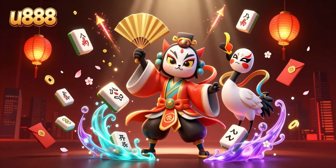 Play exciting games at u888 with a vibrant 3D casino illustration featuring dynamic characters and elements.