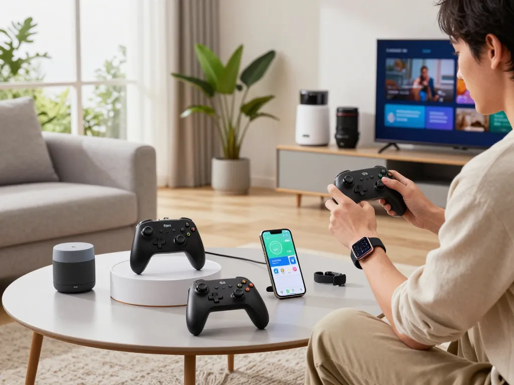Stylish living room featuring latest tech gadgets 2084 including Bluetooth controllers and smart devices.