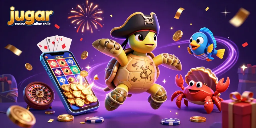Jugar casino online Chile: ilustración 3D animada con tortuga pirata, cangrejo y pez loro.
