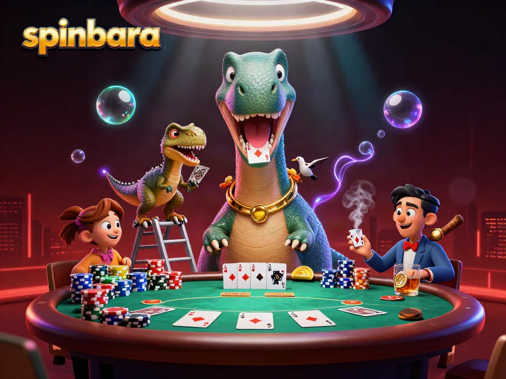 Experience the thrill of poker at Spinbara Casino with a vibrant 3D illustration showcasing a brontosaurus dealer.