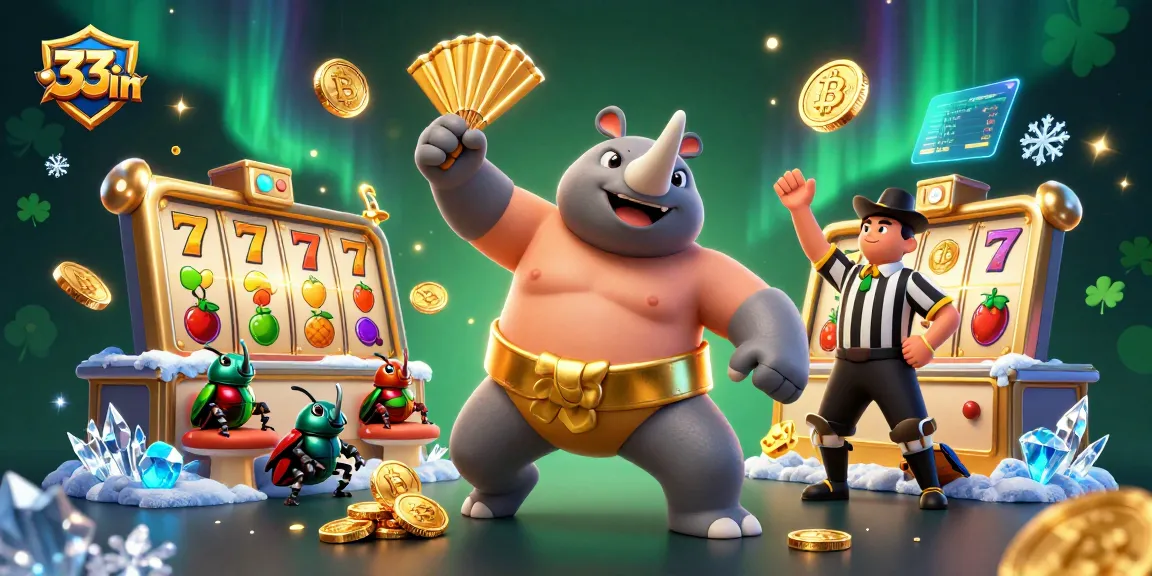 Engage with 33win's thrilling casino experience as the sumo champion beetle celebrates wins with vibrant coins.