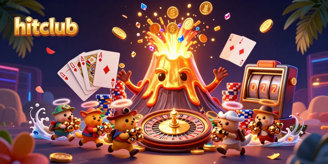 Experience the excitement of hitclub with golden treasures erupting from a vibrant volcano in a dynamic casino scene.