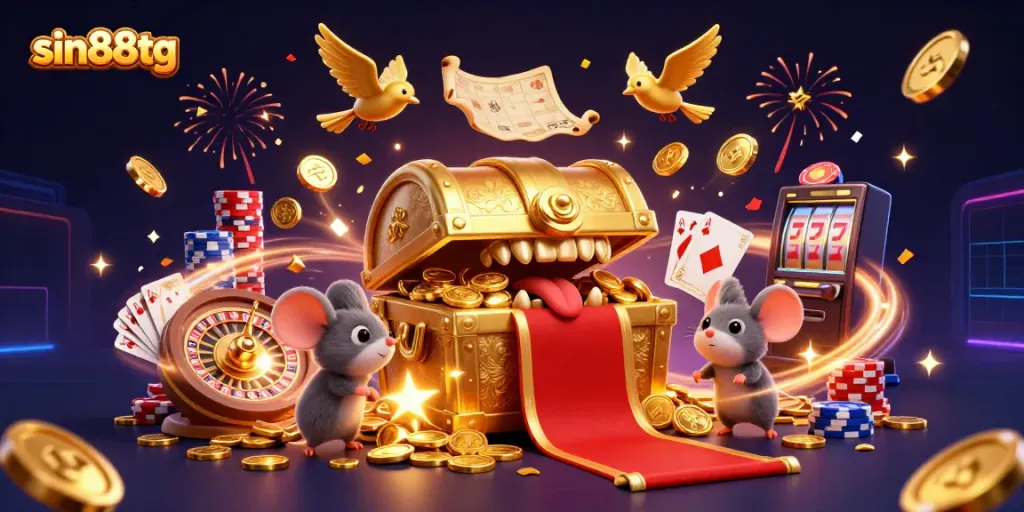 Experience gaming excitement at sin88tg with a treasure chest promising riches and thrilling casino elements.