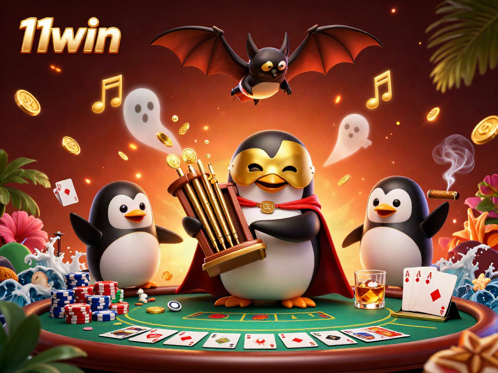 11win showcases a vibrant 3D scene with a penguin playing music amid gold coins and poker elements.