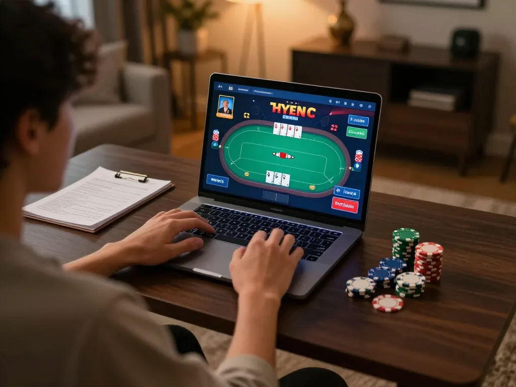 Engaging player using MM88’s online poker interface at a cozy home gaming setup