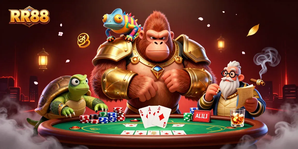 Experience thrilling action at RR88's lively poker table with dynamic characters and vibrant game elements.