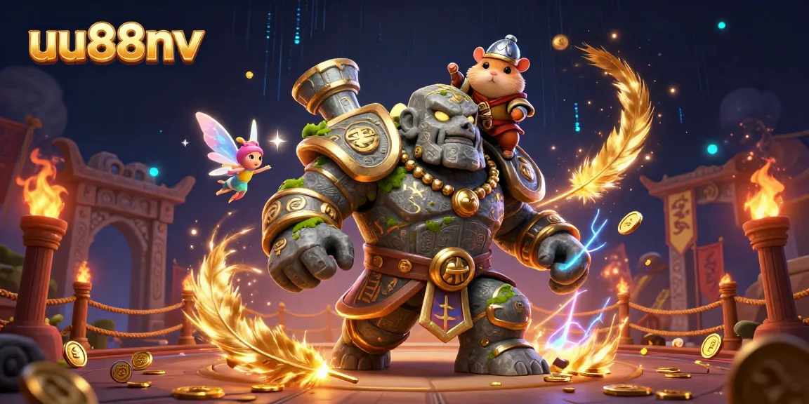 Exciting gameplay at uu88nv illustrated with a golem guardian and magic effects