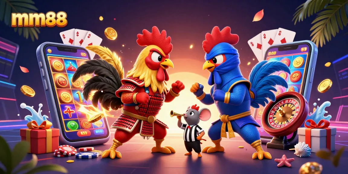 Engage in thrilling combat with mm88's fighting roosters in a vibrant casino scene.