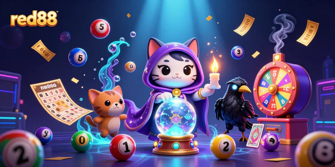 Engage with red88's vibrant 3D scene featuring a mystic cat, glowing raven, and dynamic lottery elements.