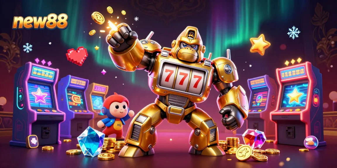Experience thrilling gaming with new88's golden gorilla mech and vibrant casino elements!