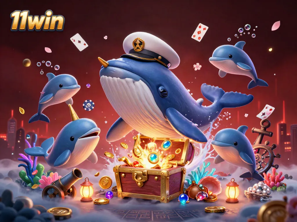 Engage with the dynamic world of 11win, where a cartoon whale breaches through coins surrounded by playful dolphins and treasure.