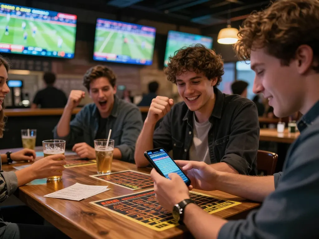 Excited sports betting scene showing bets being placed with keo nha cai hom nay displayed on phone, lively bar atmosphere.