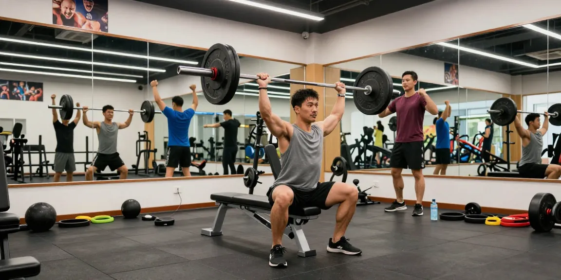 Entrenador en Esteroidesshop levantando pesas en un gimnasio moderno.