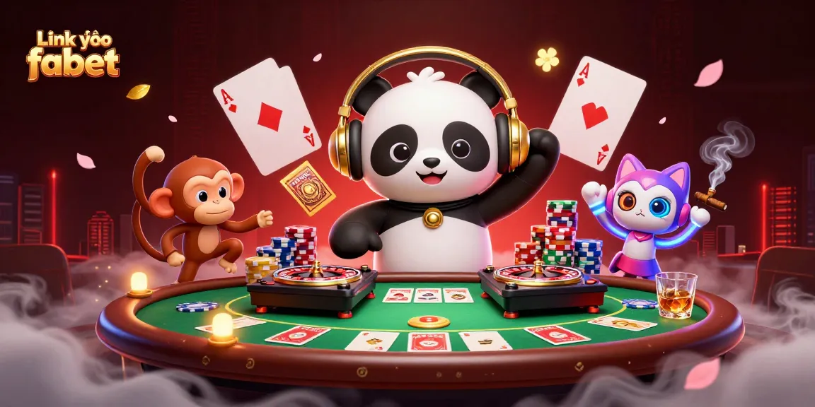 Link vào fabet showcases a lively 3D casino scene with unique characters engaging in gaming.