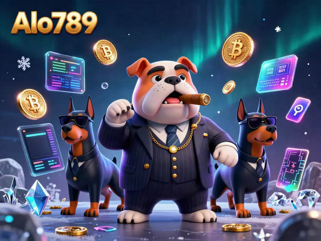 Experience Alo789 with a bold mafia boss bulldog surrounded by cryptocurrency and digital gaming elements.