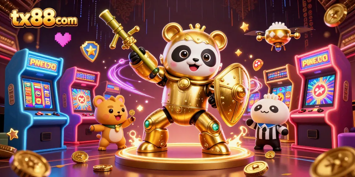 Engage with thrilling casino action in tx88com featuring a golden panda robot amidst vibrant slot machines.