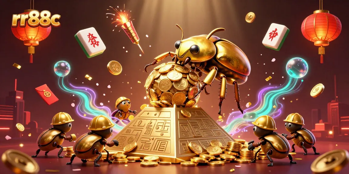 Explore the vibrant rr88c casino world with gold coins, beetles, and lively decorations!