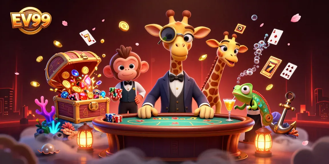 Play and win at EV99 with a high-roller giraffe, monkey valet, and chameleon bartender in a vibrant casino scene.
