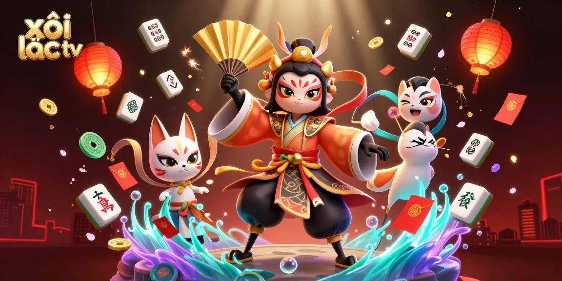 Experience the excitement of xôi lạc tv with dynamic 3D elements featuring colorful characters and gambling icons.